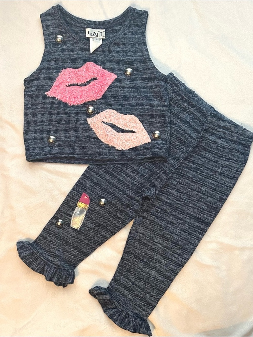 Vintage Suzy T Sassy Makeup Outfit 2pc Set Pants Top 6 Blue Pink Kiss Lipstick